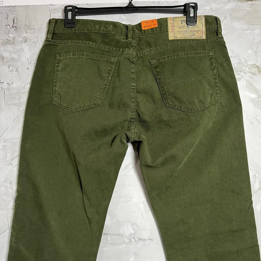 Polo Ralph Lauren PRL 750 Green Corduroy Bootcut Button Jeans 34x32 NWT